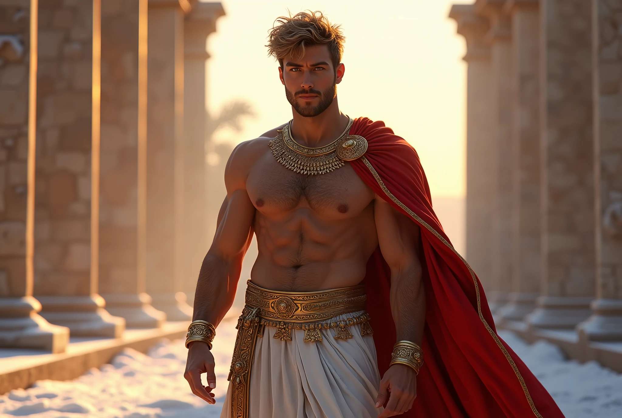 ((artwork)) ((body completo)) ((30 year old man)) body: brownish skin, high, muscular, ((body hair)) ((platinum ruby hair)) male face, barba, beautiful eyes, detailed eyes ((Gold colored eyes)). Expression: Seductive, sonrisa Seductive. CLOTHES: Red Greek Cape, TOGA BLANCA, Gold ornaments, greek prince ornaments. pose: dynamic. scene: greek temple, Greek columns. Decor: winter, decoración de winter brillante, Wonderful lighting.