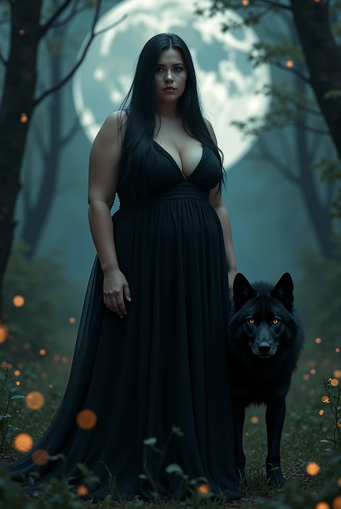 woman, long straight black hair, plump, big bust, wide hips, long black dress, walking through the forest, at night, a black wolf at her side, with fireflies around, full moon in the background, looking at the camera, photorealistic