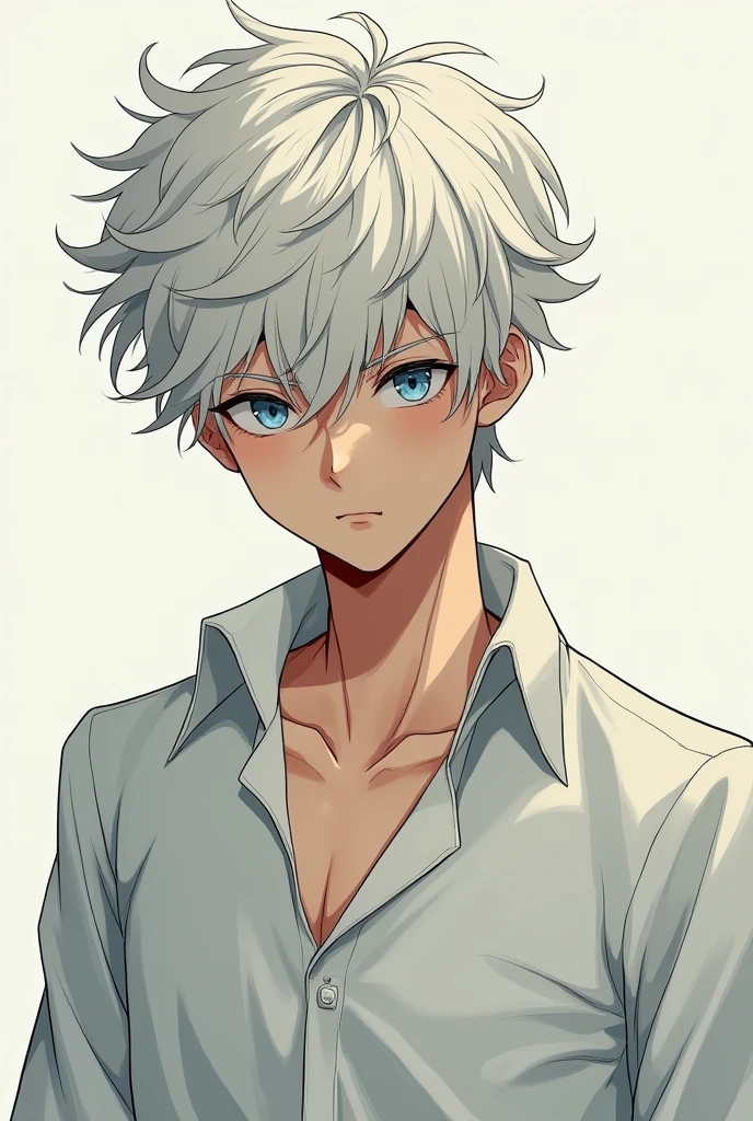 Manga boy over , white hair and curly hair, blue eyes, low shine shirt, not so much and I love it very much in 2d, serious attitude