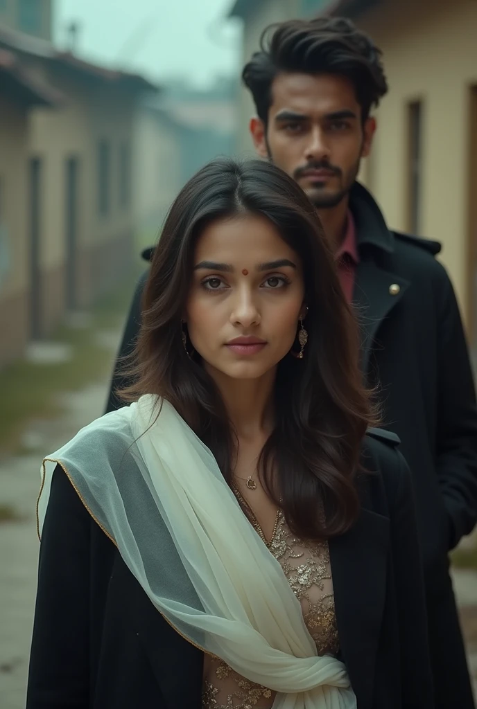 I want a young lawyer girl of Pakistani village who is fighting for his brother's return who missed somewhere in his childhood and his mother is still in trauma. The girls should wear a white chiffon dupatta and black coat. Her back support was a handsome but playboy type man nam Murshid haiderr. Make a film poster on this. The film name is تمہاری لیلیٰ 