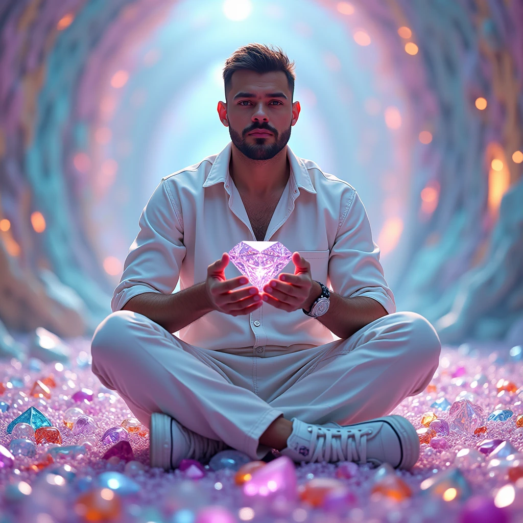 a light skinned man, shorth hair, barba, holding a beautiful diamond, he is sitting on the floor of a place made of rare jewels, PASTEL CLOTHES, white all star style shoe, white jumpsuit, pastel colored shirt, realisitic, hiper realisitic, 真实感.