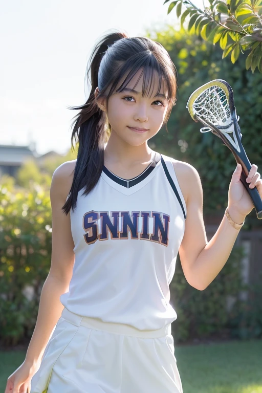 (8k, RAW photo, best quality, masterpiece), (photorealistic), outstanding details, ultra-high resolution, anatomically correct, textured skin, (Extremely precise and accurate anatomy),
Ultra Detailed Face, Detailed Eyes, 

(Cute Japanese girl), 
Lacrosse player, tanned skin, smiling face, holding Lacrosse stick, Running, Ponytail, Field lacrosse, 
big Breast, 

(backlighting), 
reflection light, 
atmospheric perspective, depth of field, 
(dramatic lighting), cinematic lighting, 