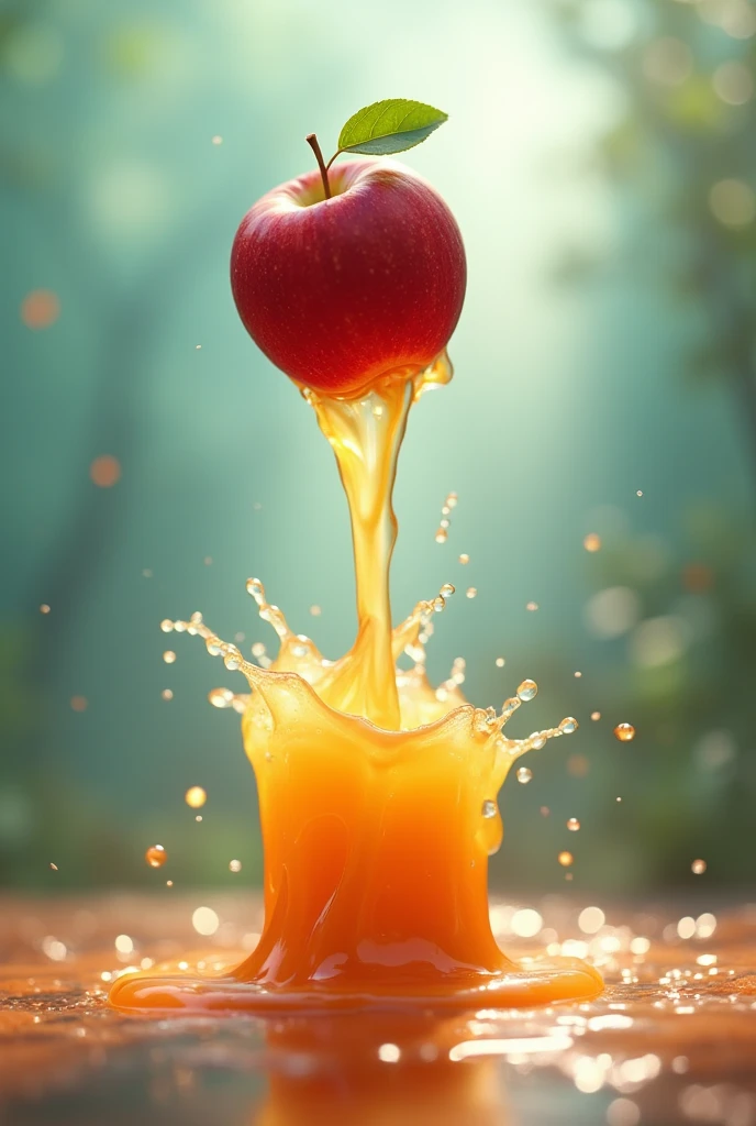 An apple falling from the sky and turning into juice, and a juice box underneath.