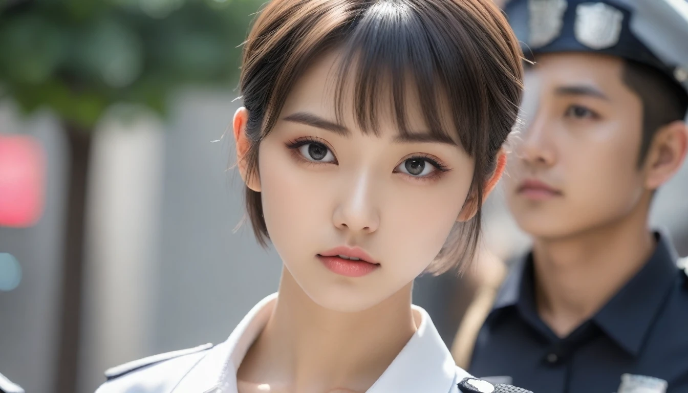 8k, Ultra-high resolution, Highest quality, masterpiece, 三分割法によるphotograph,Surreal, photograph, 1 , (:1.3), cute, cute顔, 細部までBeautiful Eyes, 細かくdetailedに,masterpiece,One Girl:1.2,Japanese women,Policewoman,close up,glaring,Black short hair,Bowl cut,ID photo,(Police officer of the future:1.3),cyber punk,Future City,white collar,((Fusion of humans and androids))(Beautiful attention to detail),Subtle details, detailedな顔,anger,Attractive eyes,(ポートレートphotograph:1.4),(Photorealistic images:1.4),Fantasy art,(Beautiful Face:1.4),美しくAttractive eyes、Beautiful Eyes,Silver residue,(Tight waist:1.4)、(Beautiful with perfect body proportions:1.4),Pink Lips,profile,(((Ideal body type))),A-cup small breasts :2,、Portraiture:2、Perfect Anatomy、鮮明なdetailed、detailed,Fashion magazine cover,Thin lips,完璧でBeautiful Face ,完璧でcute顔, Skin with attention to detail, Perfect limbs、Narrow waist,Surreal,Light and shadow,spotlight