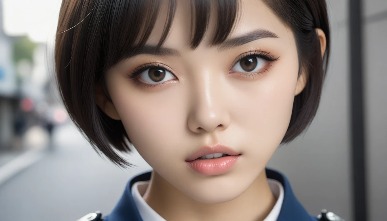 8k, Ultra-high resolution, Highest quality, masterpiece, 三分割法によるphotograph,Surreal, photograph, 1 , (:1.3), cute, cute顔, 細部までBeautiful Eyes, 細かくdetailedに,masterpiece,One Girl:1.2,Japanese women,Policewoman,close up,glaring,Black short hair,Bowl cut,ID photo,(Police officer of the future:1.3),cyber punk,Future City,white collar,((Fusion of humans and androids))(Beautiful attention to detail),Subtle details, detailedな顔,anger,Attractive eyes,(ポートレートphotograph:1.4),(Photorealistic images:1.4),Fantasy art,(Beautiful Face:1.4),美しくAttractive eyes、Beautiful Eyes,Silver residue,(Tight waist:1.4)、(Beautiful with perfect body proportions:1.4),Pink Lips,profile,(((Ideal body type))),A-cup small breasts :2,、Portraiture:2、Perfect Anatomy、鮮明なdetailed、detailed,Fashion magazine cover,Thin lips,完璧でBeautiful Face ,完璧でcute顔, Skin with attention to detail, Perfect limbs、Narrow waist,Surreal,Light and shadow,spotlight