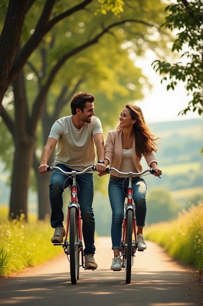 Handsome young man and woman riding on a Bike