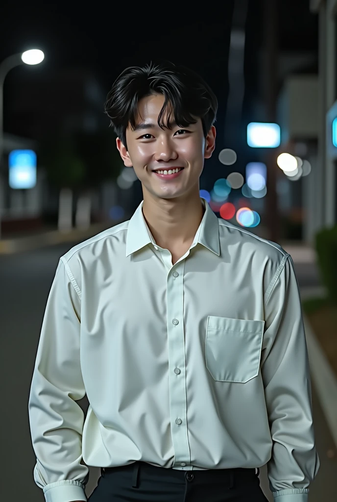 sex, masculine, Age 28 years, (Model, Byeon Woo-seok, South Korean celebrities), (bestquality:1.2, 8k resolution, highres:1.2), (asian, korea, handsome:1.4), White shirt, Short black hair, Good looking, Fair-skinned, Formal dress code, (On the road at night:1.4), nighttime, bar, dim lighting, deserted, HD 8k images, master-piece:1.2, A confident smile, Shapely,