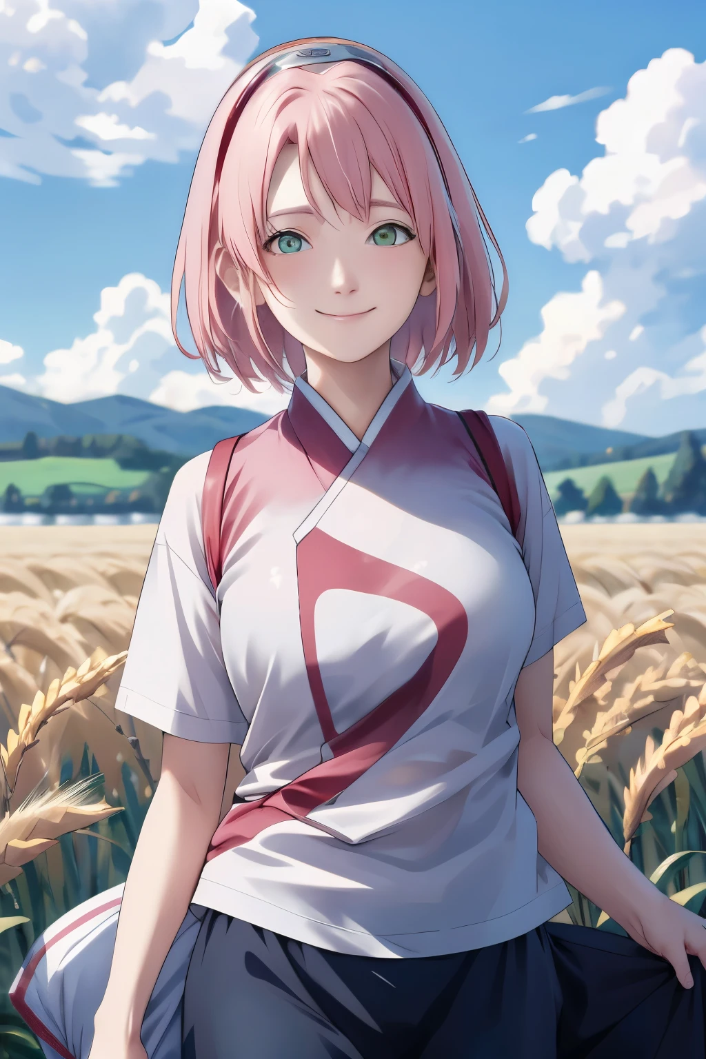 Sakura NS、8k、masterpiece、Best image quality、Very detailed、Perfect body、smile、Large Breasts、Skin glows、T-Shirts、Real、scenery、Cloudy、Wheat field、Close-up、Photographed from the front、Wide-angle lens