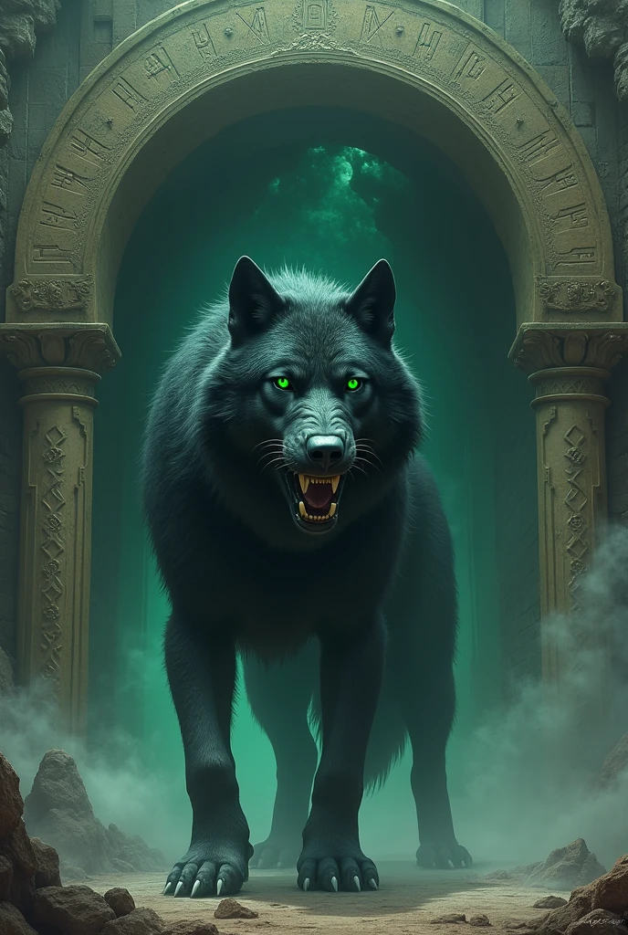Giant black wolf with green eyes guarding the gates of the underworld