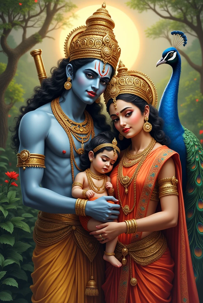 Tamil god baby murugan & Valli with baby peacock