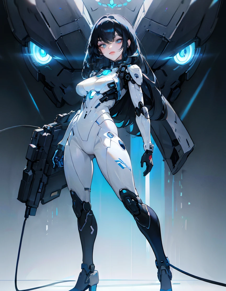 Full body shot, Human Machine Woman, Half human, half machine body in futuristic suit, With power cords, Blue lights on his chest, It has half a human head with mechanical parts visible., Black hair colorto, Blue eye and mechanical eye with laser sight, Looking at the scenes, from front, Big breasts, The body is half human and half mechanical., It&#39;s in a futuristic city at war between humans and machines..., It carries high-caliber futuristic weapons., cyberpunk, troll, Anime, Pop Art, Masterpiece, 16 kg, High detail, Ultra clear, La mejor calidadFull body shot, Human Machine Woman, Half human, half machine body in futuristic suit, With power cords, Blue lights on his chest, It has half a human head with mechanical parts visible., Black hair colorto, Blue eye and mechanical eye with laser sight, Looking at the scenes, from front, Big breasts, The body is half human and half mechanical., It&#39;s in a futuristic city at war between humans and machines..., It carries high-caliber futuristic weapons., cyberpunk, troll, Anime, Pop Art, Masterpiece, 16 kg, High detail, Ultra clear, La mejor calidadFull body shot, Human Machine Woman, Half human, half machine body in futuristic suit, With power cords, Blue lights on his chest, It has half a human head with mechanical parts visible., Black hair colorto, Blue eye and mechanical eye with laser sight, Looking at the scenes, from front, Big breasts, The body is half human and half mechanical., It&#39;s in a futuristic city at war between humans and machines..., It carries high-caliber futuristic weapons., cyberpunk, troll, Anime, Pop Art, Masterpiece, 16 kg, High detail, Ultra clear, La mejor calidadFull body shot, Human Machine Woman, Half human, half machine body in futuristic suit, With power cords, Blue lights on his chest, It has half a human head with mechanical parts visible., Black hair color