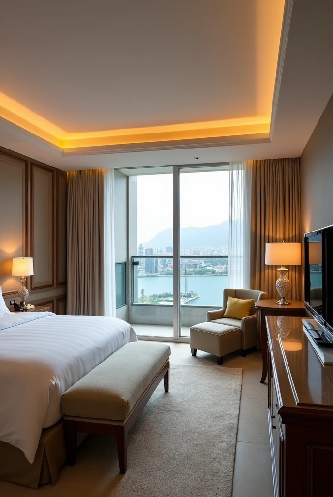 Create a executive king room with ambiance, king size bed, and a balcony,, mini bars, tables and tv sets with a bathroom