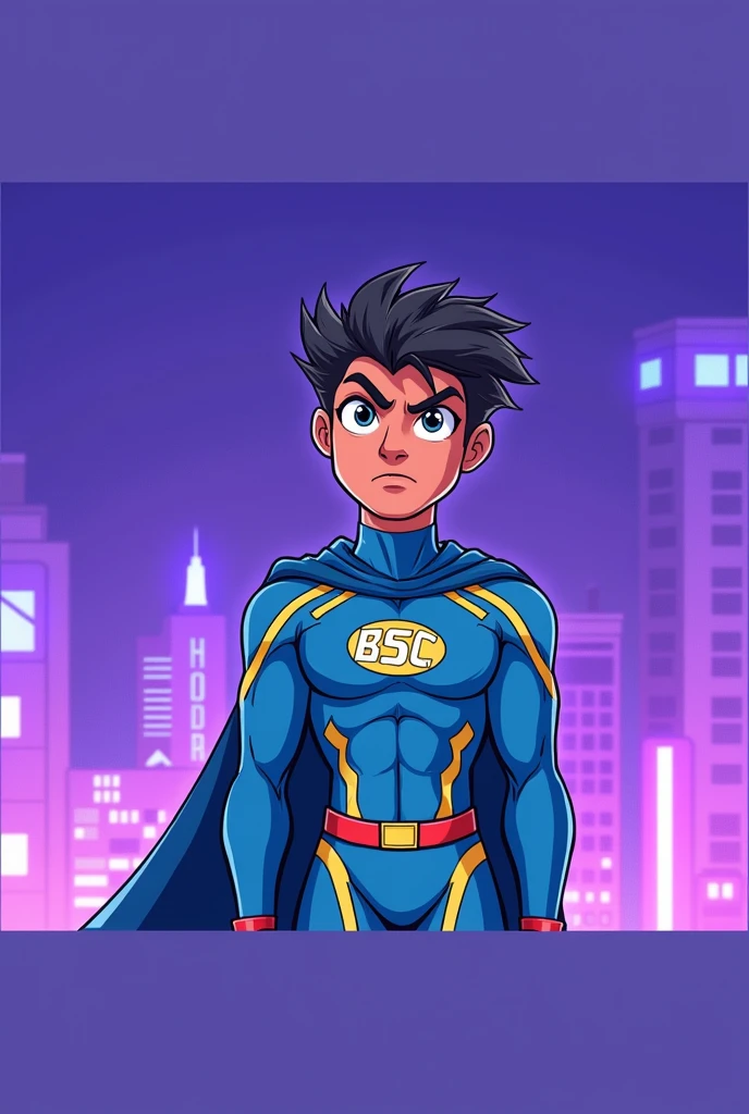 Redesign a character wearing a superhero suit based on the image provided. The suit should have a color combination of yellow, blue, and red. The character should appear confident, with a slightly serious expression, in a modern, stylized cartoon style. The suit should include three logos prominently displayed on the chest: BSC, TRX, and Ton. The overall style should be dynamic, with clear and bold colors, and the logos should be easily recognizable and integrated into the suit design.