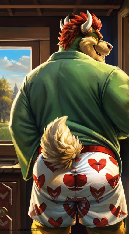 Bowser, Barba larga, seductive smile, happy trail,affected smile, (Red Heart Pattern White Long Boxers:1.5),(green bathrobe:1.3),inside, bedroom, male focus, big belly, chubby, happy trail, gordo, overweight man, Obese man,(Intricate, High detail, film photography, soft focus, RAW candid cinema, photorealism, realist, photorealist, analog style, subsurface dispersion, masterpiece, Best Quality, ultra realist, 8k)by bruteandbrawn, by personals, por Kenket House, drunk, seductive smile,showing a giant naked butt, big anal hole, uncovered anus, fluids, testicles and penis in view