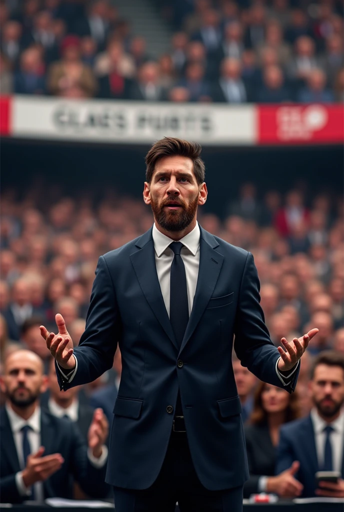 Messi is a political party leader. Messi is speaking in front of a crowd at a political conference