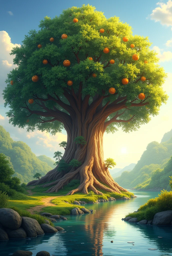 Tall tree near river, in the afternoon, the tree is fruitful
