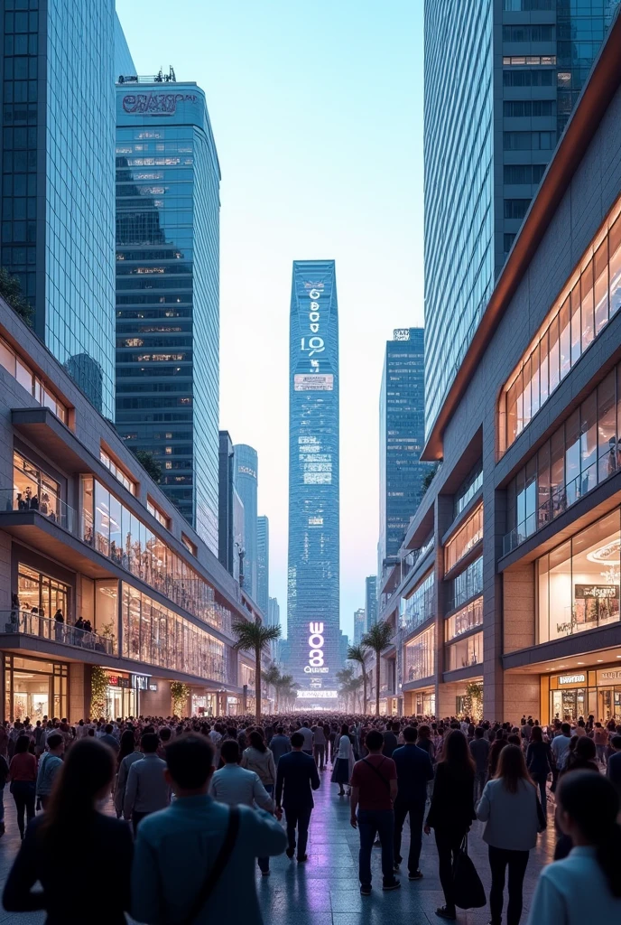 A picture of a capital city with many shopping malls, but with a large sign that says 30 Years Seacon, which is modern. Everyone turns to look at this sign and pays attention. It is a wide angle picture with many buildings. 