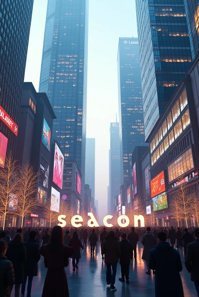 A picture of a capital city with many shopping malls, but with a large sign that says 30 Years Seacon, which is modern. Everyone turns to look at this sign and pays attention. It is a wide angle picture with many buildings.