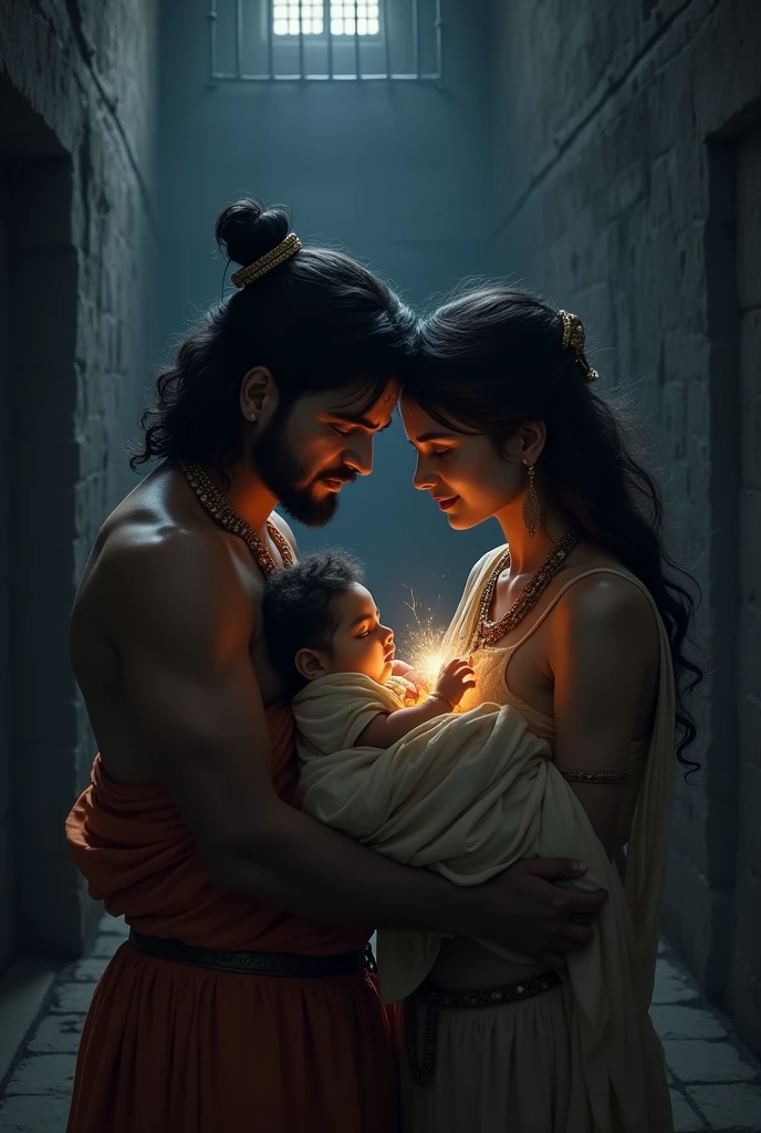 Krishna image while he born in jail, back ground should be black and in jail photo with vasudev and his maiya