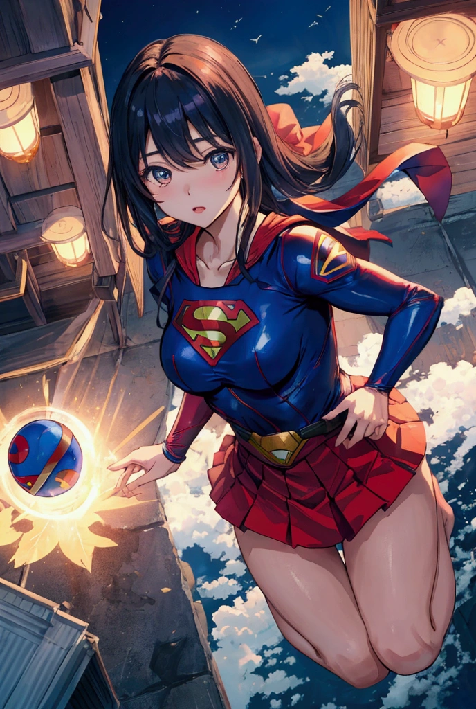 Masterpiece, photo, 16 yo, beautiful Japanese woman transforms into Supergirl and flies in the sky,