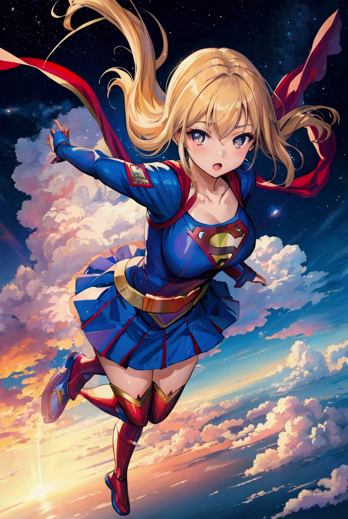 Masterpiece, photo,  yo, beautiful Japanese woman transforms into Supergirl and flies in the sky,