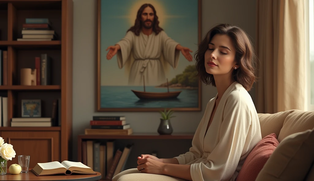 ultra realistic image of a 40 year old lady with her eyes closed thanking God for another day that begins, dressed in a refined manner, in the living room of your home with interior design, in the background plants, illuminated wooden bookshelf, happy jesus with open arms picture, on the boat with the approaches, the bible with a white rose inside,, daylight coming through the window and illuminating her head, a glass of water and an apple, convey depth