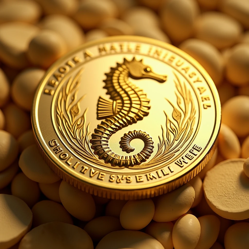 Create a coin with the letters MJP and a seahorse design in the center Gold High quality Luxurious image JAPAN and Malaysia image
