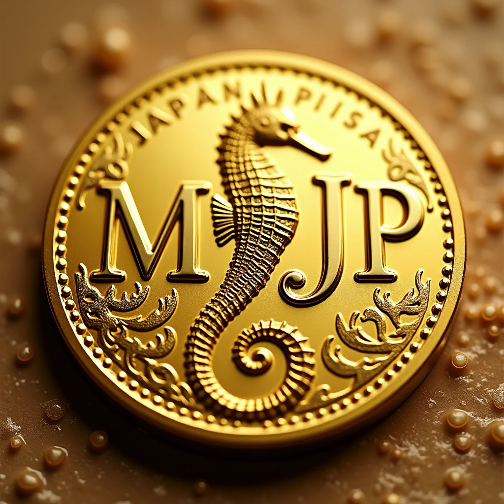 Create a coin with the letters MJP and a seahorse design in the center Gold High quality Luxurious image JAPAN and Malaysia image