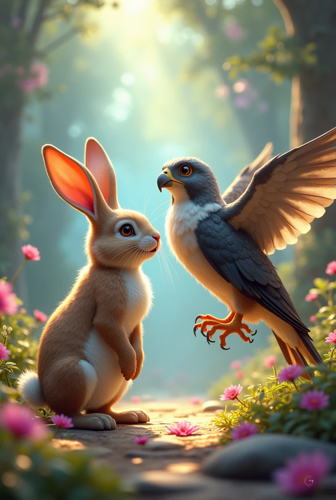 Rabbit with an animated falcon

