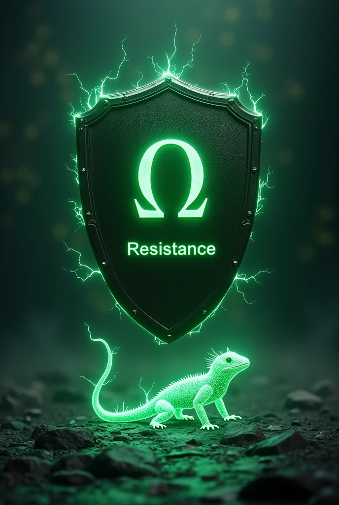 Front view Shield floating in the dark with green omega symbol and green ghostly liz and electric current Saying RESISTANCE below the symbol 