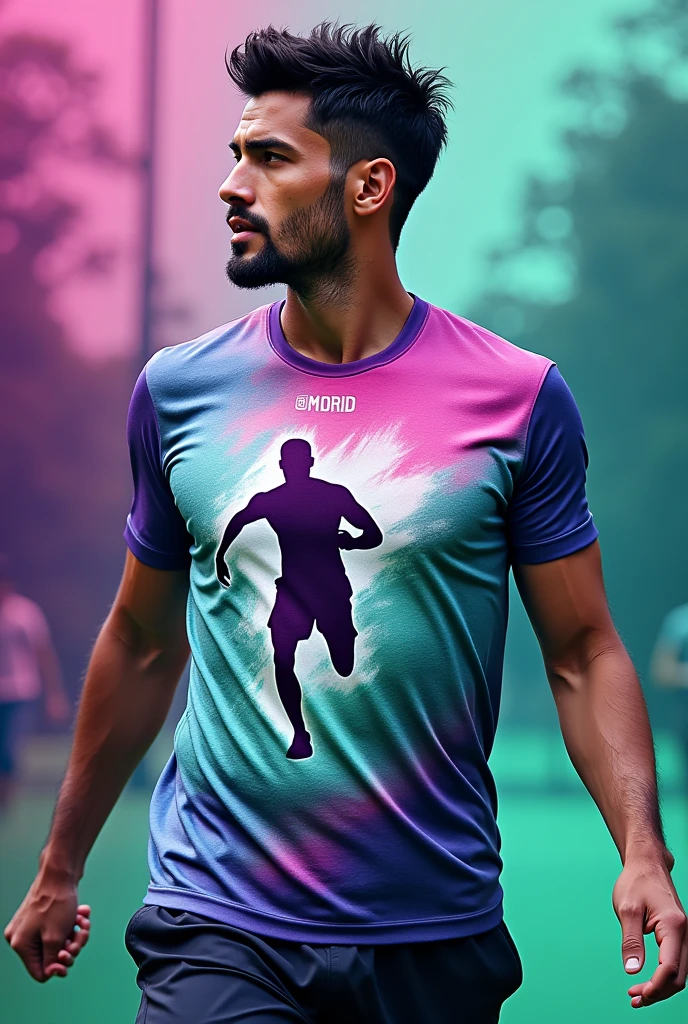 Create a sports t-shirt with the colors green, violet, white. Athletic style of Madrid.