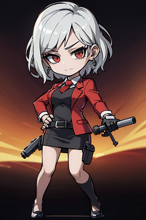 Create a high-quality, high-resolution image of a single female character in a cell-shaded anime style. She has short silver hair, is wearing a red blazer, a red tie, a white shirt, a red mini pencil skirt, black tights, and red heels. The character is holding and firing guns in both hands. She has a good figure, a beautiful face, a black belt, and a glamorous body. The character is a 2 woman. The background should be a sunset over a slum area, creating a dramatic and intense atmosphere.