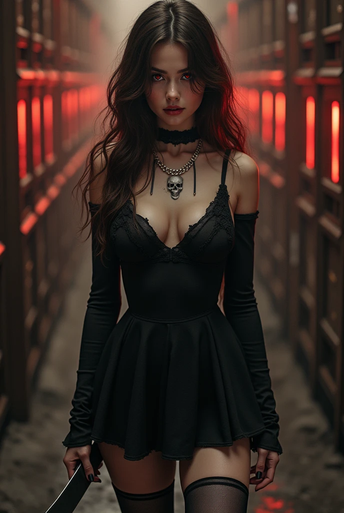 ((best quality: 0.8)), ((masterpiece)), (detailed), 1girl, beautiful face, long, brown, wavy hair, short black dress with long sleeves, black and gray striped socks, black boots , passionate lips, light blush, big breasts, beautiful red eyes, fair skin, skull tattoo, beautiful smile. knife in hand, (glowing eyes: 1.4), (blood face) horror, scary folders,