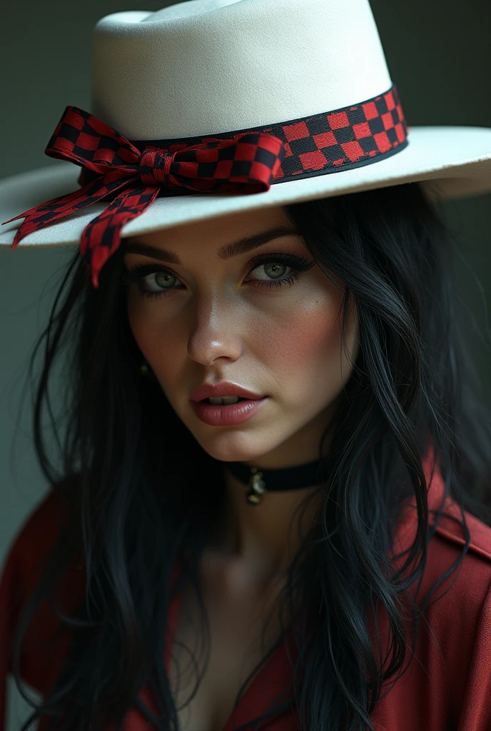 Naughty Maria, the razor of Calunga, wearing a white hat with red and black checkered ribbon