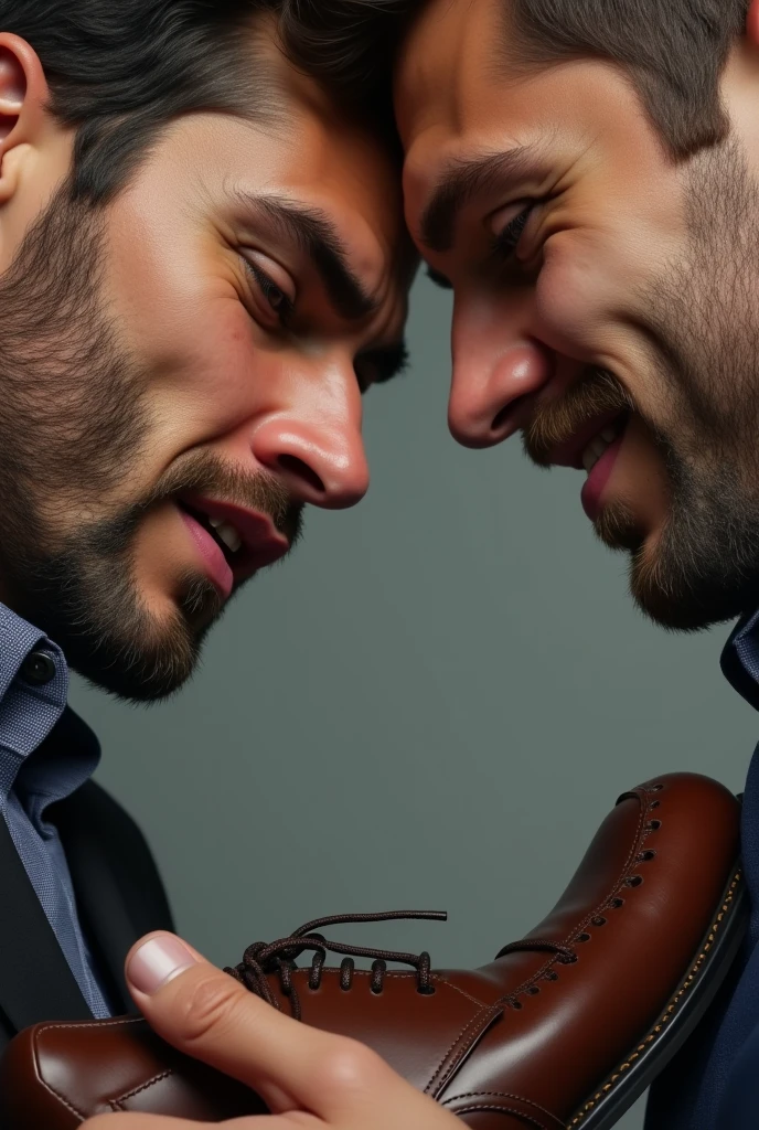 Beginning with the envy: A close-up shot of a man staring enviously at his friend’s shiny, new shoes. The friend is smiling and admiring the shoes on his feet. 
