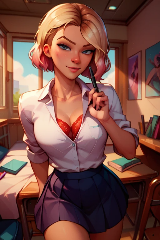 white silk shirt, deep v neck, school suit, red lace bra, school skirt, GwenstacySDXL, short hair, medium breast, teasing, looking at viewer, grabbing a pen, teasing, background(bedroom)