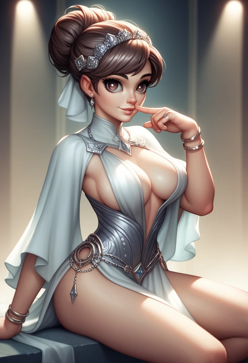 run-6500-v1.1, (RAW photos:1.2), best quality, [masterpiece:1.6], Very detailed, Finely, best quality, 8k wallpaper,  (Practical: 1.4), Cinema Lighting, permanent, From the knee up, Beautiful and delicate girl, Cute face, Dark brown hair, Hair Bun, 1 girl, Perfect body, (A faint smile), (Calm expression), (Cute droopy eyes:1.5), Radiant Skin, (Very large ), (Lower breastscleveage, (Diamond ring on finger), (big eyes:1.5), Long eyelashes, Silver dress,  (Pelvic Curtain:1.3), Revealing clothes,  (slim), (Small waist), (Thin legs), White skin, exist, cosmetic, Idol, 20 years old
