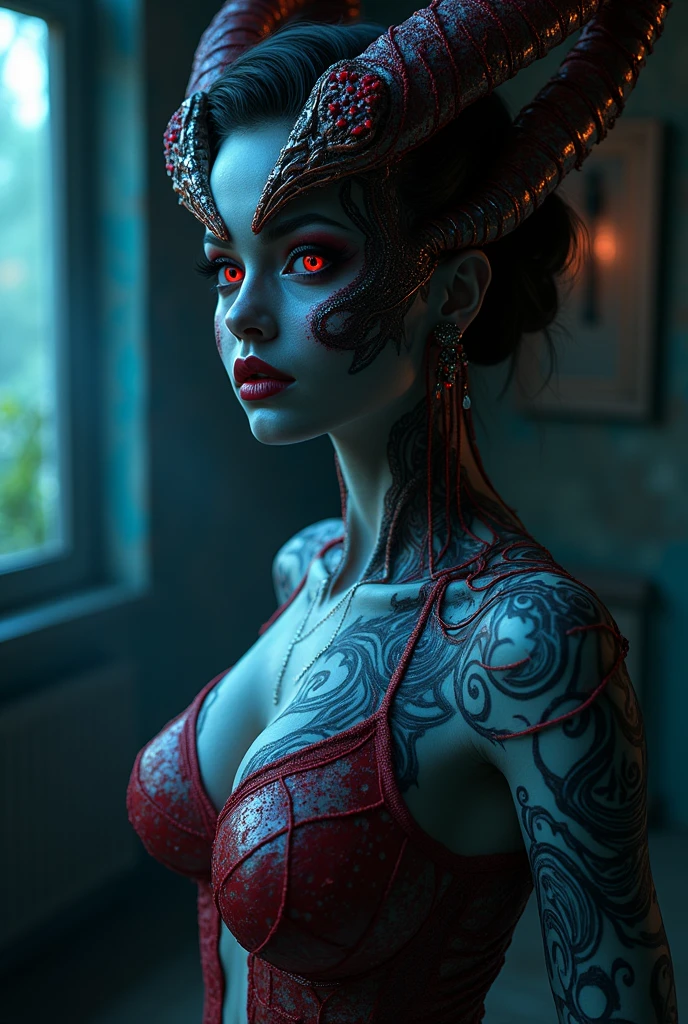 Create an image of Stunningly gorgeous beautiful perfect hr giger tattooed sexy seductive demonic girl, Stunningly gorgeous perfect flawless sexy face, hyper detailed neon ruby, large firm breasts, full body view, nude,