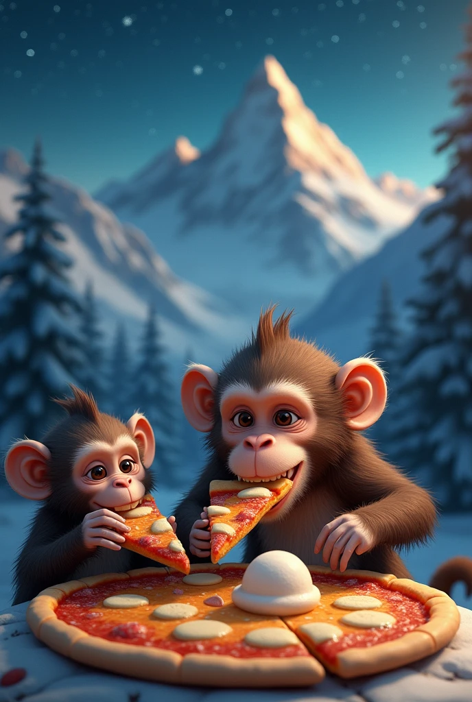Monkey eating pizza with ice cream as toppings with background of Switzerland mountains at night with his friend