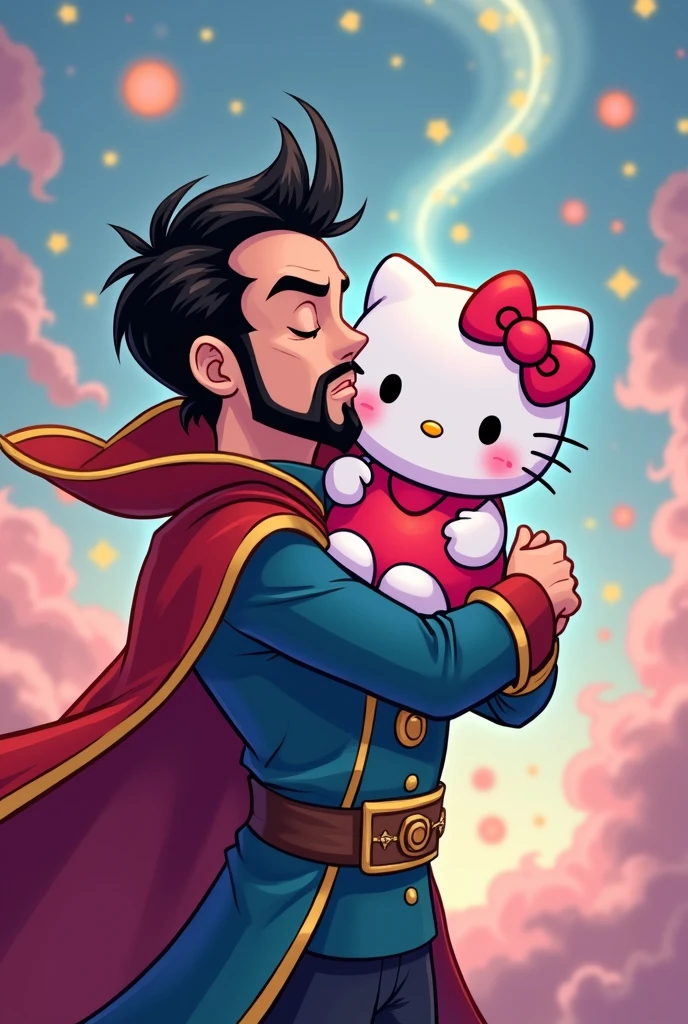 Create a drawing of Dr.. Strange young man with beard in love with Hello Kitty giving a kiss chibi version