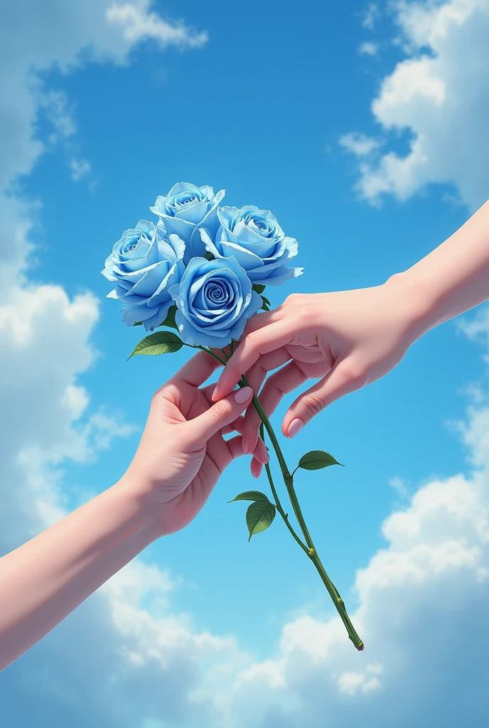 blue roses, beautiful sky and two hands interwined, realist