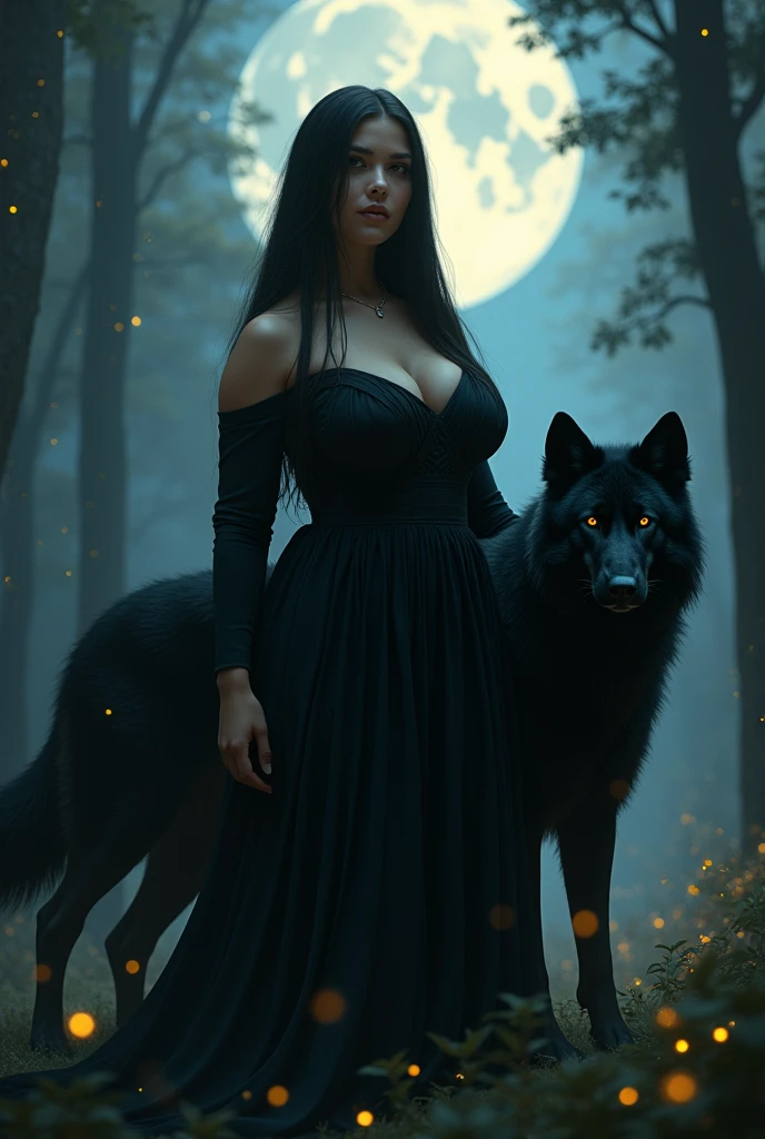 woman, long straight black hair, plump, big bust, wide hips, long black dress, walking through the forest, at night, a black wolf at her side, with fireflies around, full moon in the background, looking at the camera, photorealistic