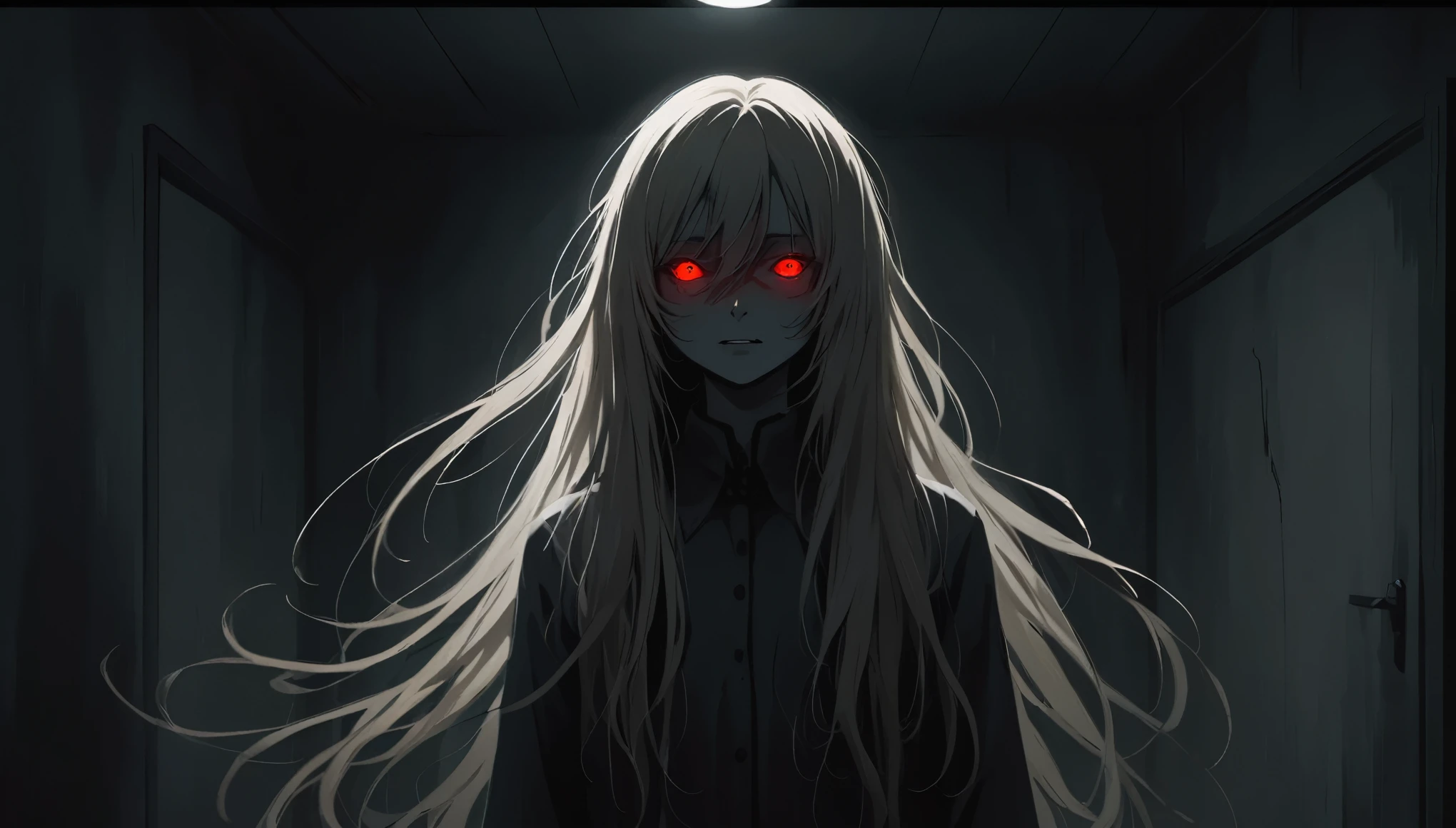 In a dark, eerie room with almost no light, a figure with long, disheveled hair and pale skin barely emerges from the shadows. The most striking feature is her glowing red eyes that seem to float in the darkness. She has a menacing, unsettling smile that sends chills down your spine. The room is devoid of any visible furniture, emphasizing the void around her. The atmosphere is thick with a sense of dread and unease, as if something sinister is about to happen.
