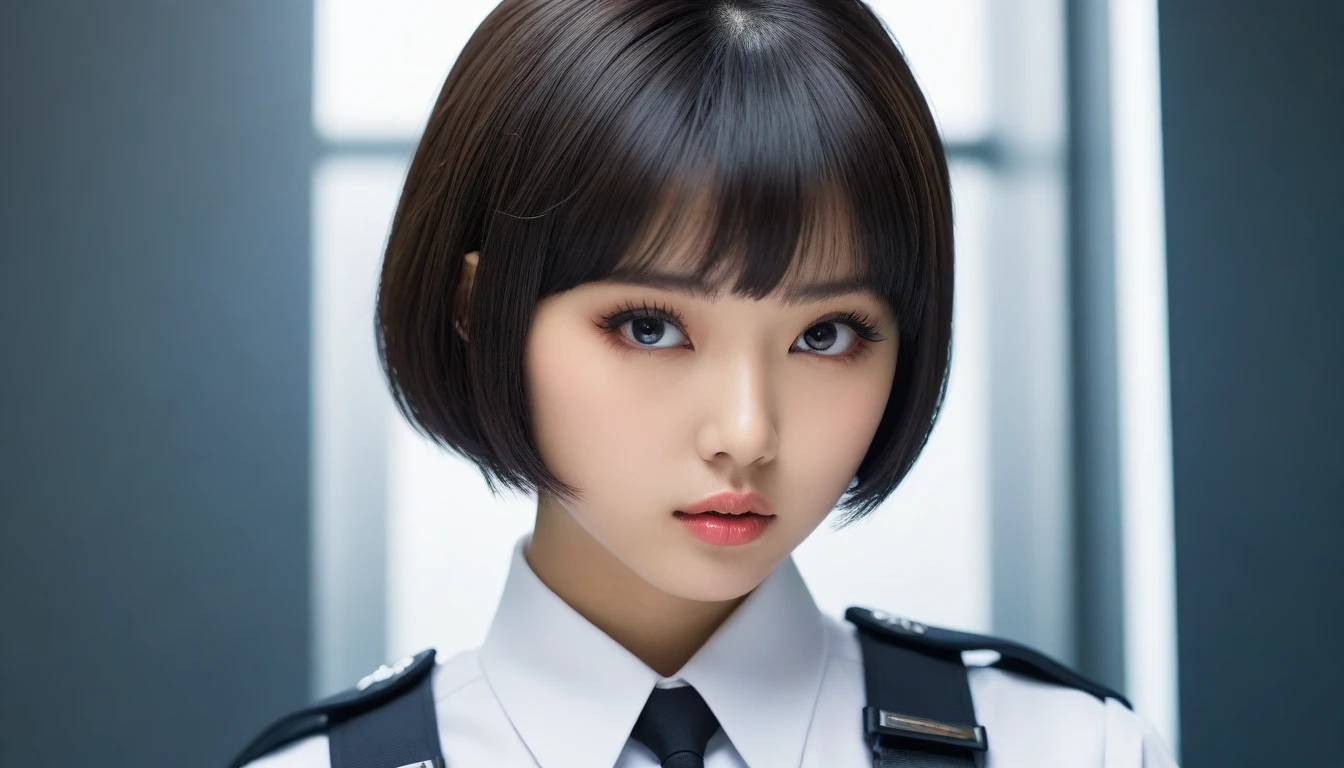 8k, Ultra-high resolution, Highest quality, masterpiece, 三分割法によるphotograph,Surreal, photograph, 1 , (:1.3), cute, cute顔, 細部までBeautiful Eyes, 細かくdetailedに,masterpiece,One Girl:1.2,Japanese women,Policewoman,close up,glaring,Black short hair,Bowl cut,ID photo,(Police officer of the future:1.3),cyber punk,Future City,white collar,((Fusion of humans and androids))(Beautiful attention to detail),Subtle details, detailedな顔,anger,Attractive eyes,(ポートレートphotograph:1.4),(Photorealistic images:1.4),Fantasy art,(Beautiful Face:1.4),美しくAttractive eyes、Beautiful Eyes,Silver residue,(Tight waist:1.4)、(Beautiful with perfect body proportions:1.4),Pink Lips,profile,(((Ideal body type))),A-cup small breasts :2,、Portraiture:2、Perfect Anatomy、鮮明なdetailed、detailed,Fashion magazine cover,Thin lips,完璧でBeautiful Face ,完璧でcute顔, Skin with attention to detail, Perfect limbs、Narrow waist,Surreal,Light and shadow,spotlight
