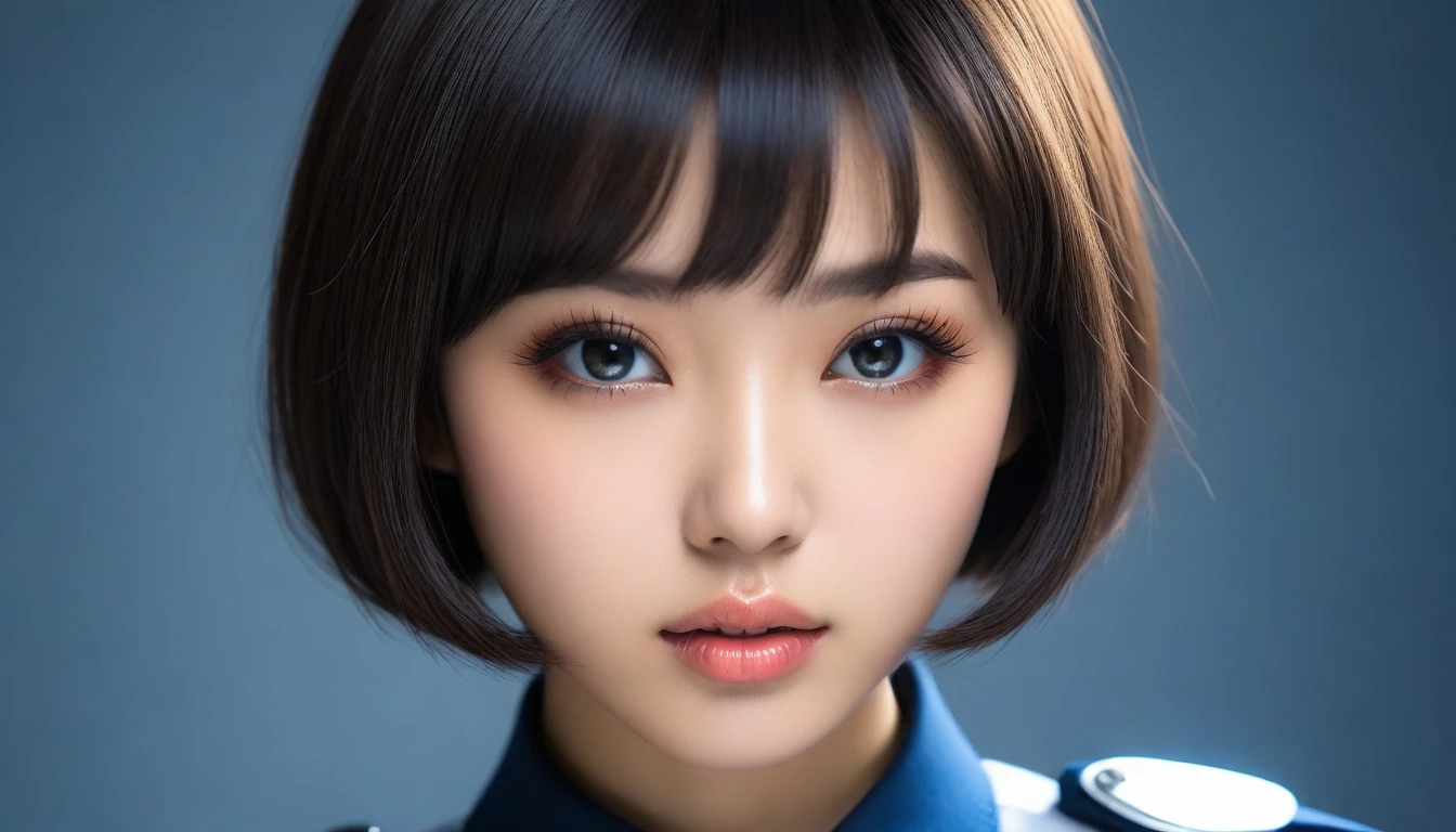 8k, Ultra-high resolution, Highest quality, masterpiece, 三分割法によるphotograph,Surreal, photograph, 1 , (:1.3), cute, cute顔, 細部までBeautiful Eyes, 細かくdetailedに,masterpiece,One Girl:1.2,Japanese women,Policewoman,close up,glaring,Black short hair,Bowl cut,ID photo,(Police officer of the future:1.3),cyber punk,Future City,white collar,((Fusion of humans and androids))(Beautiful attention to detail),Subtle details, detailedな顔,anger,Attractive eyes,(ポートレートphotograph:1.4),(Photorealistic images:1.4),Fantasy art,(Beautiful Face:1.4),美しくAttractive eyes、Beautiful Eyes,Silver residue,(Tight waist:1.4)、(Beautiful with perfect body proportions:1.4),Pink Lips,profile,(((Ideal body type))),A-cup small breasts :2,、Portraiture:2、Perfect Anatomy、鮮明なdetailed、detailed,Fashion magazine cover,Thin lips,完璧でBeautiful Face ,完璧でcute顔, Skin with attention to detail, Perfect limbs、Narrow waist,Surreal,Light and shadow,spotlight