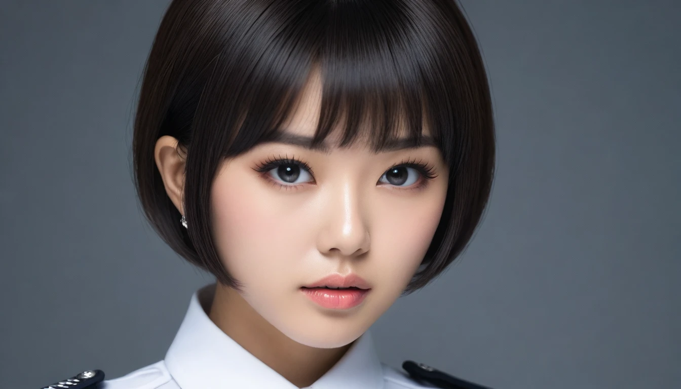 8k, Ultra-high resolution, Highest quality, masterpiece, 三分割法によるphotograph,Surreal, photograph, 1 , (:1.3), cute, cute顔, 細部までBeautiful Eyes, 細かくdetailedに,masterpiece,One Girl:1.2,Japanese women,Policewoman,close up,glaring,Black short hair,Bowl cut,ID photo,(Police officer of the future:1.3),cyber punk,Future City,white collar,((Fusion of humans and androids))(Beautiful attention to detail),Subtle details, detailedな顔,anger,Attractive eyes,(ポートレートphotograph:1.4),(Photorealistic images:1.4),Fantasy art,(Beautiful Face:1.4),美しくAttractive eyes、Beautiful Eyes,Silver residue,(Tight waist:1.4)、(Beautiful with perfect body proportions:1.4),Pink Lips,profile,(((Ideal body type))),A-cup small breasts :2,、Portraiture:2、Perfect Anatomy、鮮明なdetailed、detailed,Fashion magazine cover,Thin lips,完璧でBeautiful Face ,完璧でcute顔, Skin with attention to detail, Perfect limbs、Narrow waist,Surreal,Light and shadow,spotlight