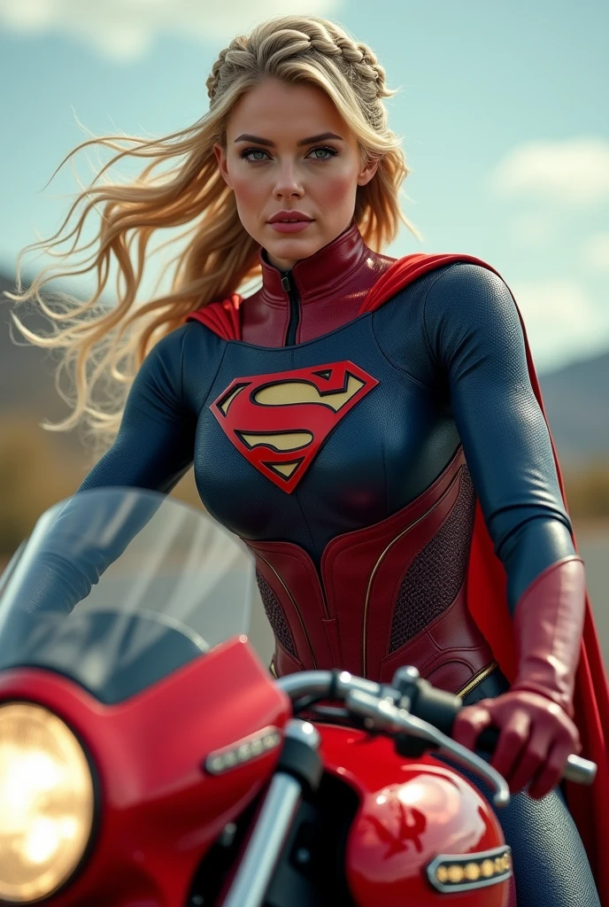 ((From extreme close-up a beautiful blonde woman without a cape under the mantle of the Kryptonian Kara zor-El alias Supergirl wearing a navy blue leather jumpsuit with scales covering her neck,torso and forearms))),(((Red corset in armor))),(((Long red boots up to her knees))),(((Riding a big red futuristic high displacement motorcycle Superman logos on the bike))),(((Blonde hair tied back in a braided ponytail))),(((Ten-foot-long hair blowing in the wind))),(((without cape)))