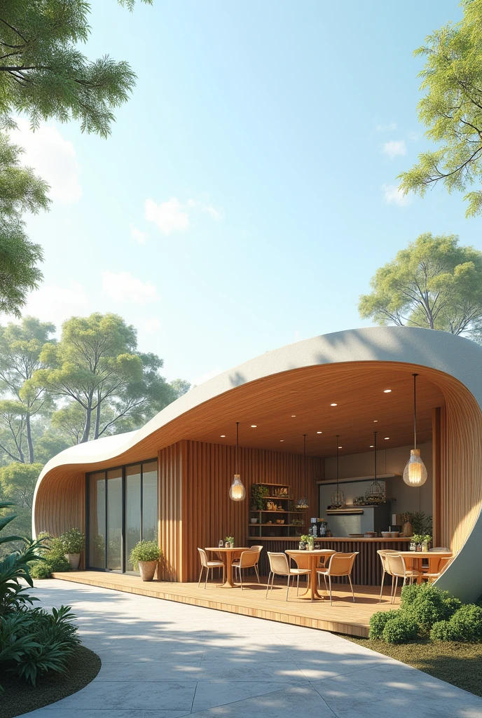 Fluidity amd bird theme based Simple Structure and facade designs of a single storey cafe building with L shape plan and an outdoor dining in front right side of cafe