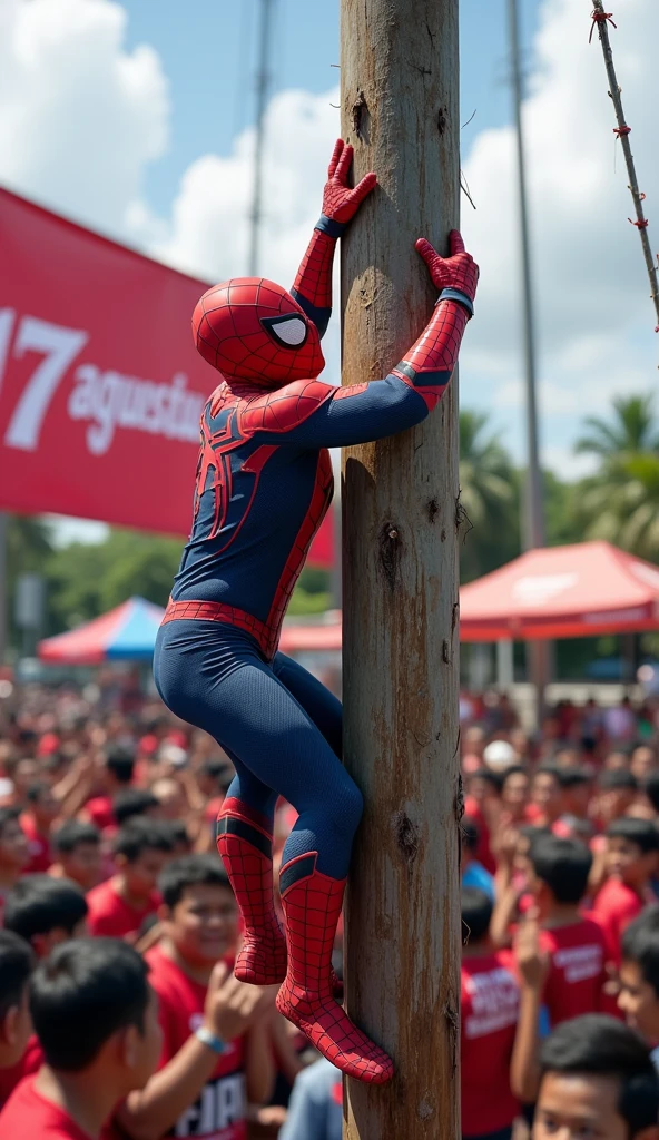 A highly realistic and comical scene featuring Spiderman participating in a traditional Indonesian 'panjat pinang' climbing competition during a 17th of August celebration. Spiderman, in his iconic red and blue suit, is seen struggling with all his might to climb a tall, grease-covered pole, his hands and feet slipping as he desperately tries to make progress. His exaggerated, determined expression and awkward movements make the scene hilariously funny. Around the base of the pole, a lively crowd of people is gathered, cheering and encouraging Spiderman, with some laughing at his comical efforts. A large banner with the text '17 Agustus' hangs prominently in the background, emphasizing the festive occasion. The scene is full of energy and humor, capturing the joy and laughter of the moment as Spiderman takes on this traditional challenge.