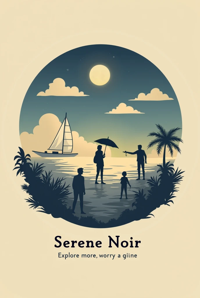 make me a simple logo circle of a Serene Noir Travel with a vibe of relaxing vacations, inspired by hotel de luna and on piece, bus, airplane, cruise ship, clouds, tour guides, travelers, and the name of travel agency is "SERENE NOIR TRAVEL" and it's slogan "explore more, worry less''
